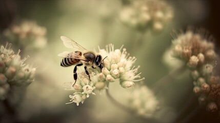  A moody image of a honey bee, with soft, muted colors and a blurred floral background.  generative ai