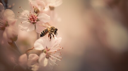  A moody image of a honey bee, with soft, muted colors and a blurred floral background.  generative ai