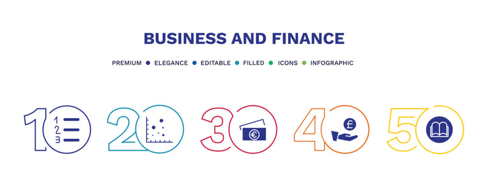 set of business and finance filled icons. business and finance filled icons with infographic template. flat icons such as numbered information, scatter chart, euro bills, pound coin on hands, story