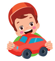 A boy holding a toy car and a red toy car.