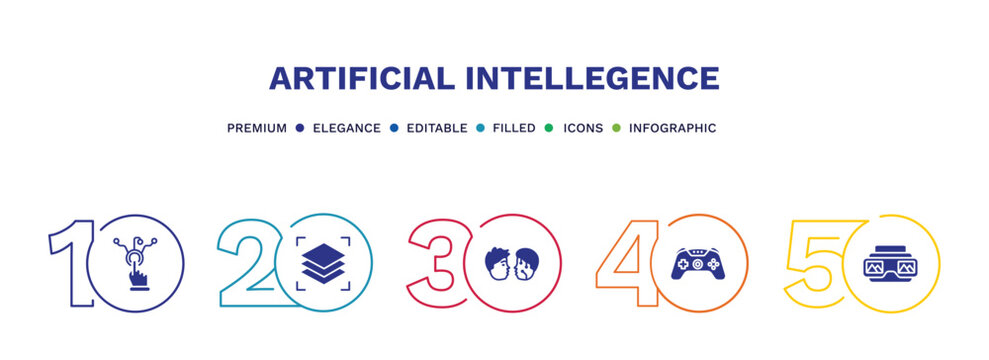 set of artificial intellegence filled icons. artificial intellegence filled icons with infographic template. flat icons such as interactivity, layers, turing test, game control, stereoscope vector.