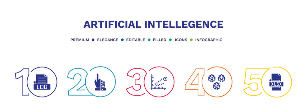 set of artificial intellegence filled icons. artificial intellegence filled icons with infographic template. flat icons such as log file, bionic, prediction, hexagons, xlsx vector.