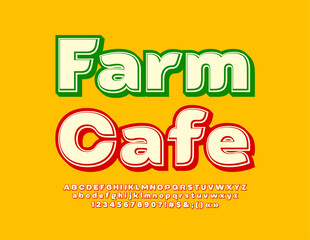 Vector creative emblem Farm Cafe. Stylish Bright Font. Modern Alphabet Letters and Numbers