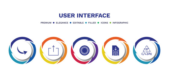 set of user interface filled icons. user interface filled icons with infographic template. flat icons such as curve arrows, export button, selectioned circle, download data, 91 c/ldpe vector.