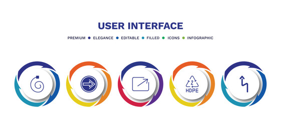 set of user interface filled icons. user interface filled icons with infographic template. flat icons such as spiral tool, go back button, export arrow, hdpe 2, left reverse curve vector.