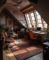 Fototapeta na wymiar Realistic Bohemian Style Interior 3D Render. Earth Tones Cosy Living Room with Home Plants. Ai Generative
