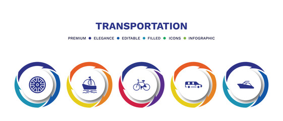 set of transportation filled icons. transportation filled icons with infographic template. flat icons such as alloy wheel, sailing boat with veils, bicycle side view, long car, yacht navigate