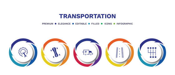 set of transportation filled icons. transportation filled icons with infographic template. flat icons such as repair, longboard, carrier, road with broken lines, shift vector.