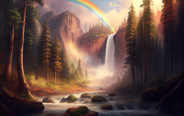 Nature's Symphony in Motion: A Majestic Waterfall Landscape, Where the Rushing Waters Dance Beautifully with the Sunlight, Giving Birth to a Radiant Colorful Rainbow Arcing Above the Water