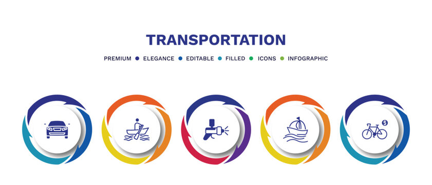 set of transportation filled icons. transportation filled icons with infographic template. flat icons such as auto, boating, car painting, sailing, bicycle rental vector.