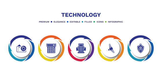 Fototapeta premium set of technology filled icons. technology filled icons with infographic template. flat icons such as photograph camera, basic calculator, dialysis, satellite in orbit, safe shield protection