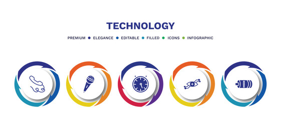 set of technology filled icons. technology filled icons with infographic template. flat icons such as phone with wire, basic microphone, stopwatch running, contact lens, battery with two bars