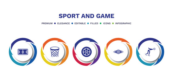 set of sport and game filled icons. sport and game filled icons with infographic template. flat icons such as basketball court, basketball basket, football ball circular, champion belt, ice skating