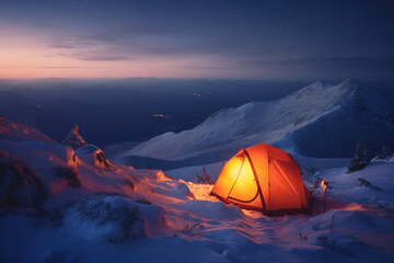 A starry night in a snowy landscape a tent and a sleeping bag, the only sounds are nature's. AI Generative Generative AI