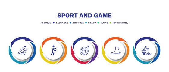 set of sport and game filled icons. sport and game filled icons with infographic template. flat icons such as biathlon, man punching, dartboard with dart, ankle, fisher fishing vector.