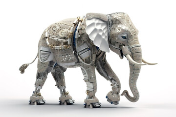 Fototapeta premium Image of an elephant modified into a electronics robot on a white background. Wild animal. illustration, generative AI.