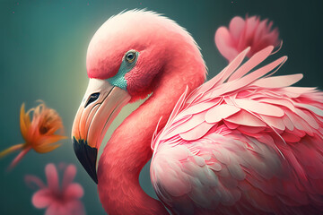 Image of a colorful flamingo with tropical forests. Birds. Wildlife Animals. Illustration, Generative AI.