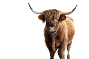 Image of a highland cow on white background. Farm animals. Illustration, Generative AI.