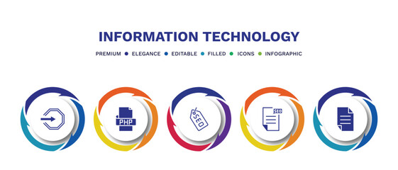 set of information technology filled icons. information technology filled icons with infographic template. flat icons such as login, php, seo tags, seo report, page vector.