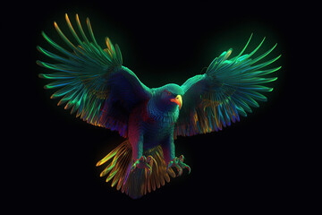 Image of colorful parrot spreading wings on black background. Birds. Wildlife Animals. Illustration, Generative AI.
