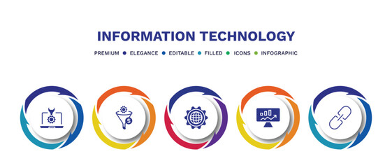 set of information technology filled icons. information technology filled icons with infographic template. flat icons such as seo tools, seo funnel, cyberspace, seo monitoring, hyperlink vector.