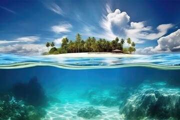 Fototapeta na wymiar tropical island surrounded by crystal clear waters and lush greenery. Generative AI Generative AI