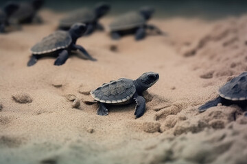 Image of baby black sea turtle on the sand. Sea animals. Illustration, Generative AI.