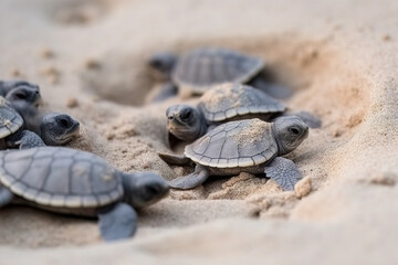 Obraz premium Image of baby black sea turtle on the sand. Sea animals. Illustration, Generative AI.