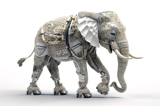 Image of an elephant modified into a electronics robot on a white background. Wild animal. illustration, generative AI.