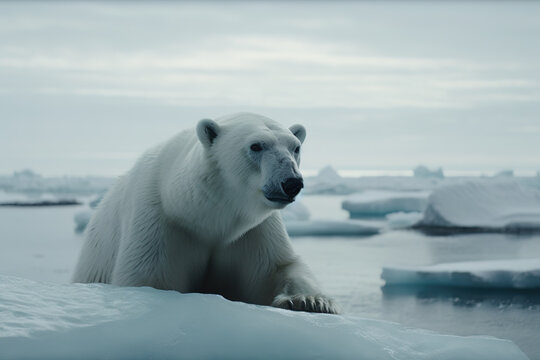 Image of polar white bear on ice. Wildlife Animals. Animals. Illustration, Generative AI.