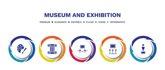 set of museum and exhibition filled icons. museum and exhibition filled icons with infographic template. flat icons such as palette, antique column, exhibit, exhibition, bust vector.