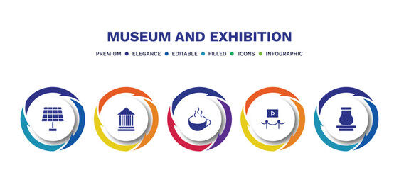 set of museum and exhibition filled icons. museum and exhibition filled icons with infographic template. flat icons such as panel, modern art, cafe, electronics, souvenir vector.