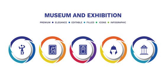 set of museum and exhibition filled icons. museum and exhibition filled icons with infographic template. flat icons such as ballet, gioconda, el greco, roman or greek helmet, museum building vector.