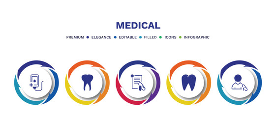 set of medical filled icons. medical filled icons with infographic template. flat icons such as transfusion, teeth, prescription, tooth, patient vector.