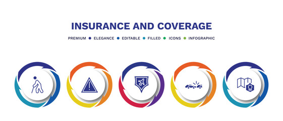 set of insurance and coverage filled icons. insurance and coverage filled icons with infographic template. flat icons such as retirement, disaster, air travel insurance, rear end collision, coverage
