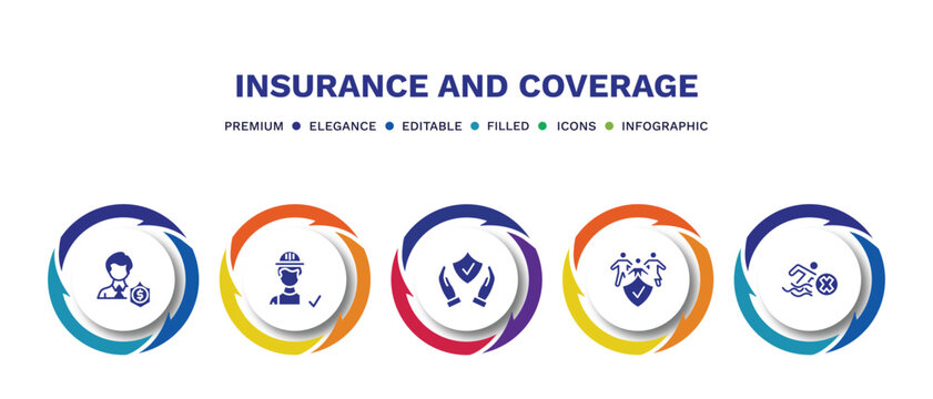 Set Of Insurance And Coverage Filled Icons. Insurance And Coverage Filled Icons With Infographic Template. Flat Icons Such As Beneficiary, Construction Risk, Safety Insurance, Family Risk Pool