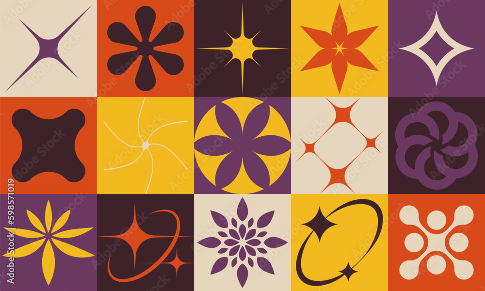 Fototapete Abstract geometric brutalism design vector pattern made with simple different shapes and forms, artwork composition of bold graphics elements, useful for web design, poster art