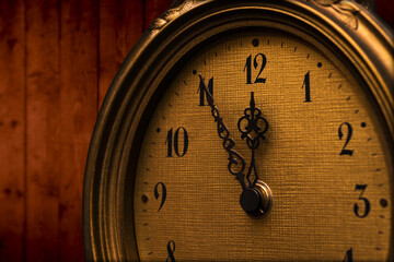 Vintage, old golden clock on wooden background in warm tones with arabian numbers, front side partial view