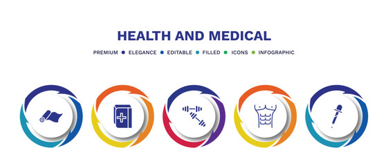 set of health and medical filled icons. health and medical filled icons with infographic template. flat icons such as yoga mat, medical book, dumbbells, abs, pipette vector.
