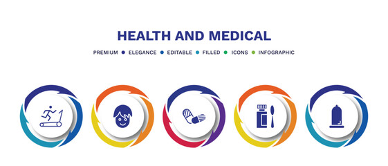 set of health and medical filled icons. health and medical filled icons with infographic template. flat icons such as treadmill, boy, pills, syrup, condom vector.