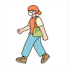 An illustration shows characters of people walking down the street. Young woman are depicted in a side view, walking while isolated on a white background.