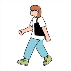 An illustration shows characters of people walking down the street. Young woman are depicted in a side view, walking while isolated on a white background.