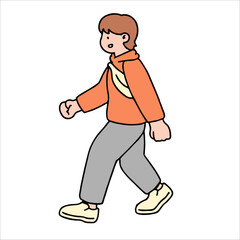 An illustration shows characters of people walking down the street. Young man are depicted in a side view, walking while isolated on a white background.