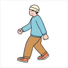 An illustration shows characters of people walking down the street. Young man are depicted in a side view, walking while isolated on a white background.