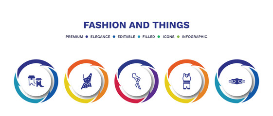 set of fashion and things filled icons. fashion and things filled icons with infographic template. flat icons such as boot for women, caveman, tights, sportswear, gym belt vector.