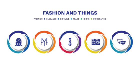 set of fashion and things filled icons. fashion and things filled icons with infographic template. flat icons such as wig, suspenders, stripped tie, laundry zone, two carnival masks vector.