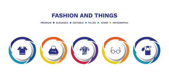 set of fashion and things filled icons. fashion and things filled icons with infographic template. flat icons such as safety shirt, fashion bag, hawaiian, eyewear, smeel vector.