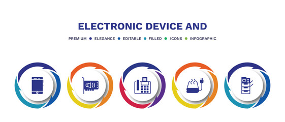 set of electronic device and filled icons. electronic device and filled icons with infographic template. flat icons such as phones, sound card, fax hine, electric blanket, copy hine vector.