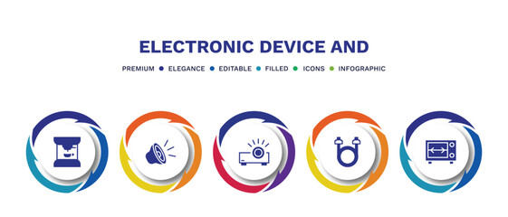 set of electronic device and filled icons. electronic device and filled icons with infographic template. flat icons such as espresso maker, speakers, projector, sata, rotisserie vector.