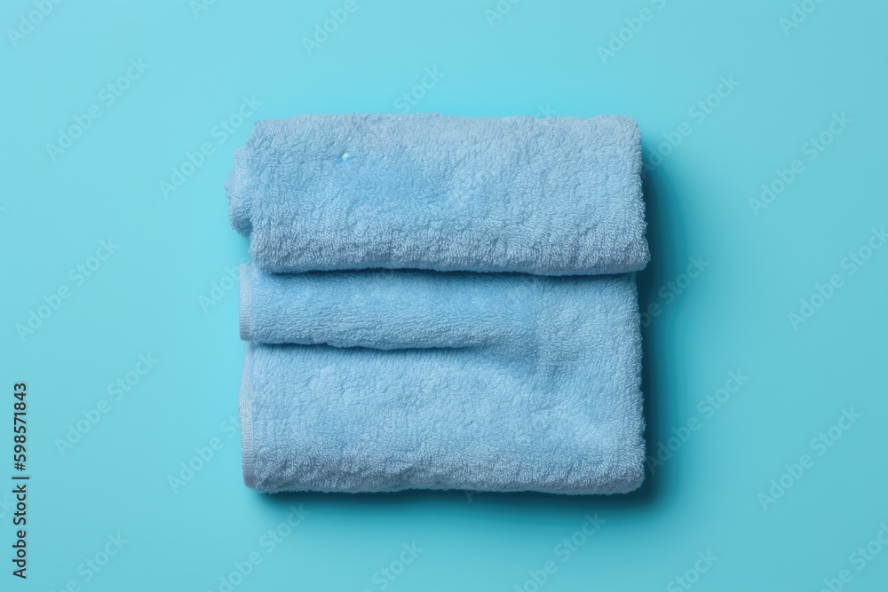 Poster neatly folded blue towel on a plain blue background. generative ai generative ai